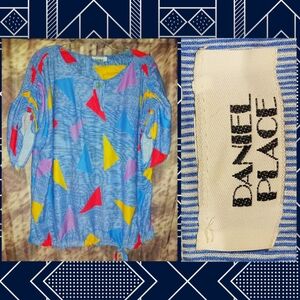 Daniel Place brand Blue/Wht/Multiclrs Triangles/Stripes Knit Top 2X 80s Vintage